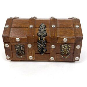 Vintage Wooden Treasure Chest Jewelry Box Red Felt Lined Box Metal Lion Heads